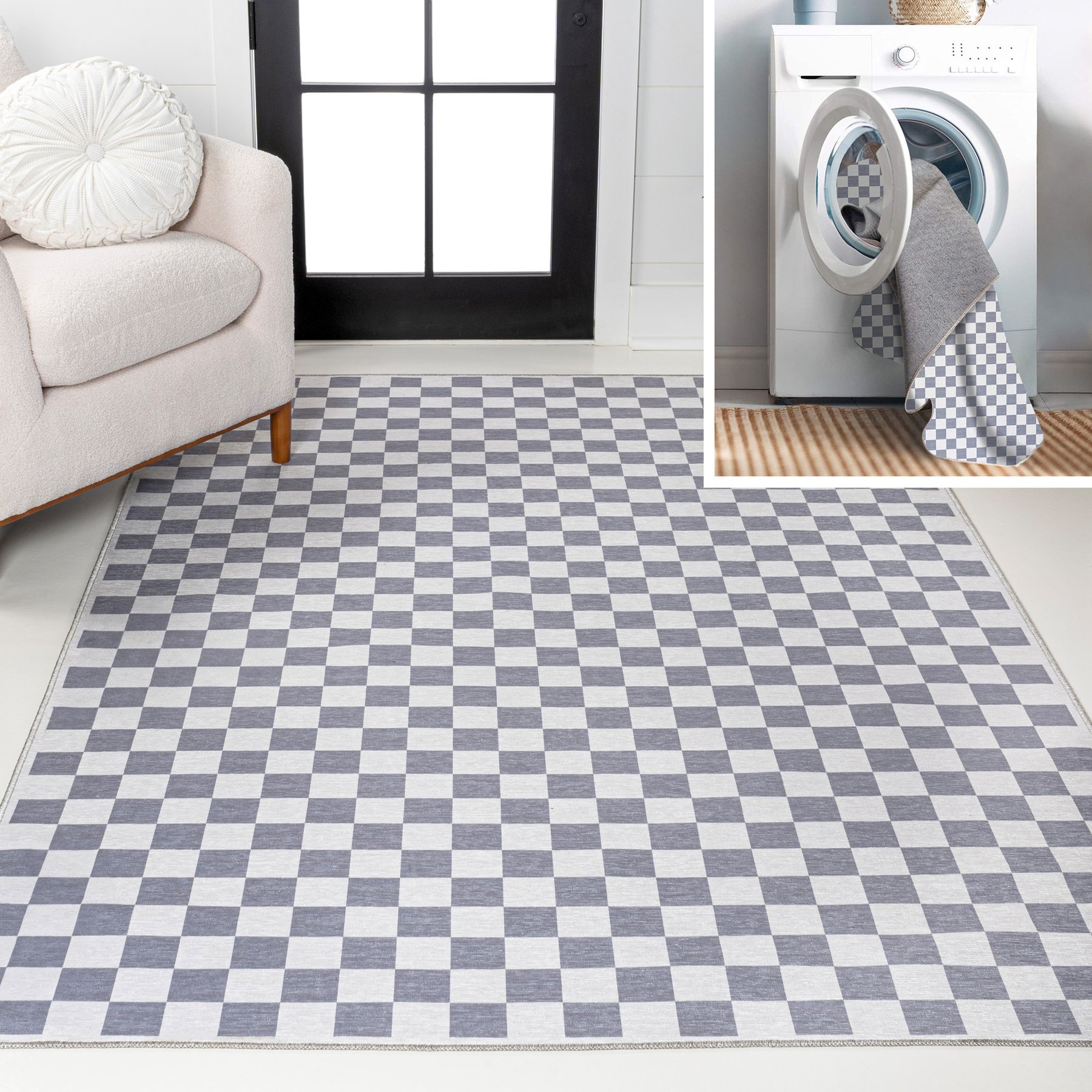 JONATHAN Y Ainsley Modern Cottage Checkerboard Washable Area Rug, Purple Gray/White, 9' x 12'