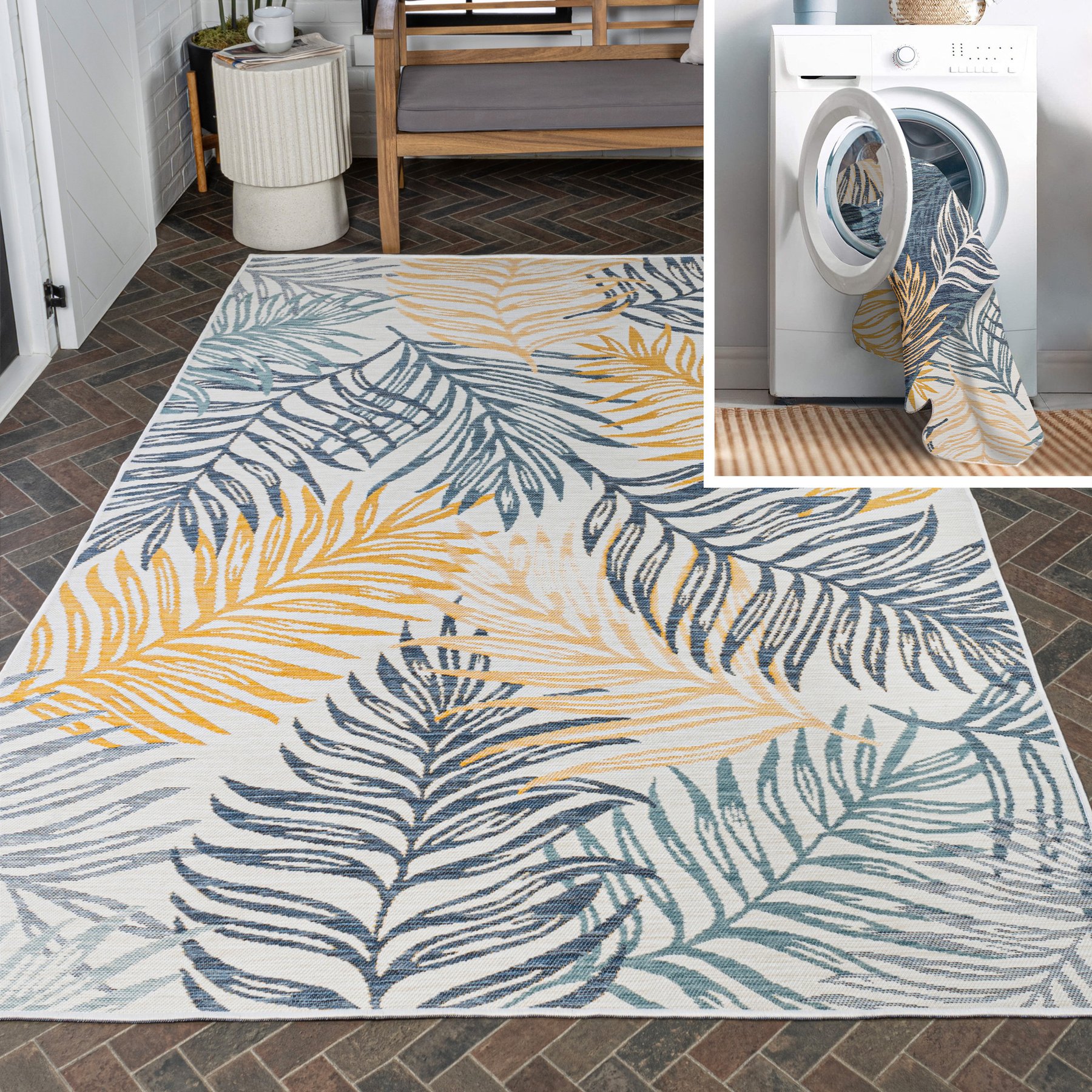 JONATHAN Y Calypso Coastal Casual Palm Frond Reversible Machine-Washable Indoor/Outdoor Area Rug, Cream/Navy, 8' x 10'