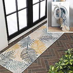 JONATHAN Y Calypso Coastal Casual Palm Frond Reversible Machine-Washable Indoor/Outdoor Area Rug, Cream/Navy, 2' x 8' Runner