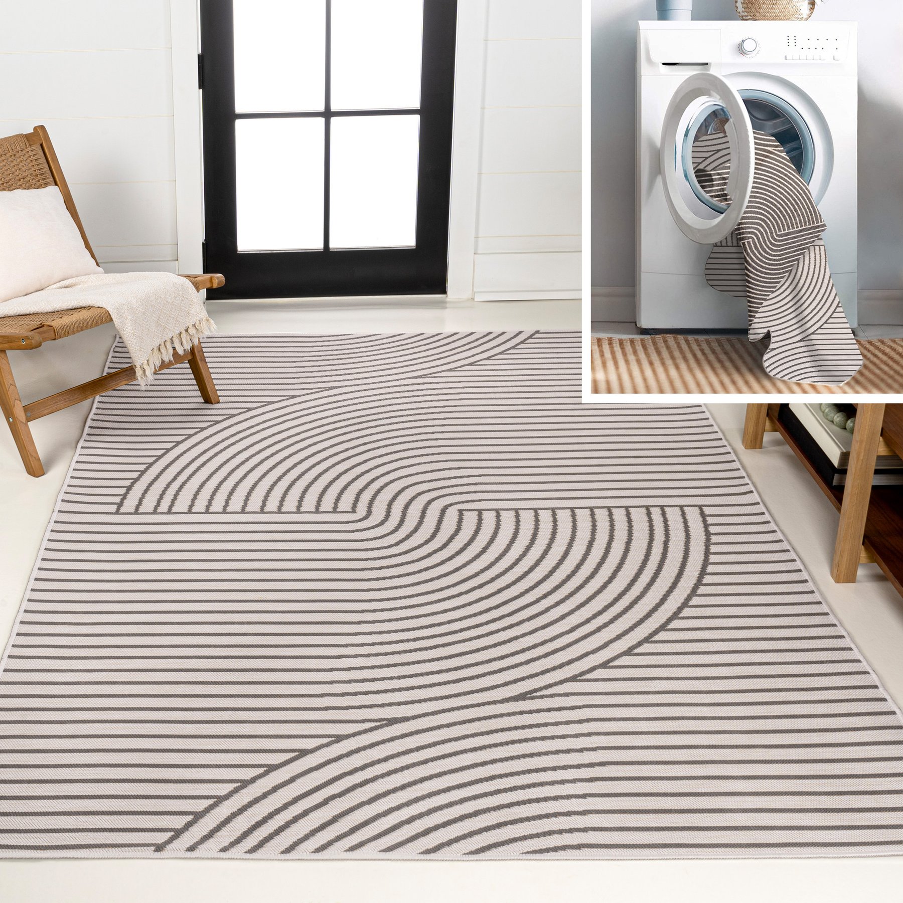 JONATHAN Y Arielle Mid-Century Modern Curve Stripe Reversible Machine-Washable Indoor/Outdoor Area Rug, Dark Gray/Cream, 8' x 10'