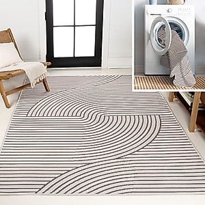 JONATHAN Y Arielle Mid-Century Modern Curve Stripe Reversible Machine-Washable Indoor/Outdoor Area Rug, Dark Gray/Cream, 5' x 8'