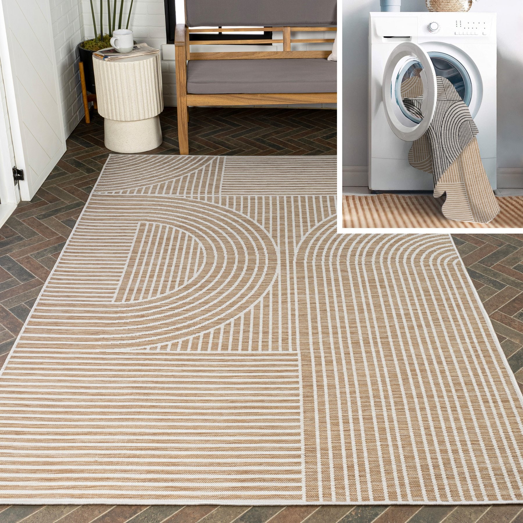 JONATHAN Y Zephyr Mid-Century Modern Arch Stripe Reversible Machine-Washable Indoor/Outdoor Area Rug, Cream/Beige, 8' x 10'
