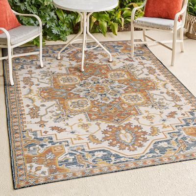 Show full view: JONATHAN Y Bijan Traditional Vintage Medallion Reversible Machine-Washable Indoor/Outdoor Area Rug, Terra/Blue/Cream, 5' x 8' slide 8 of 10
