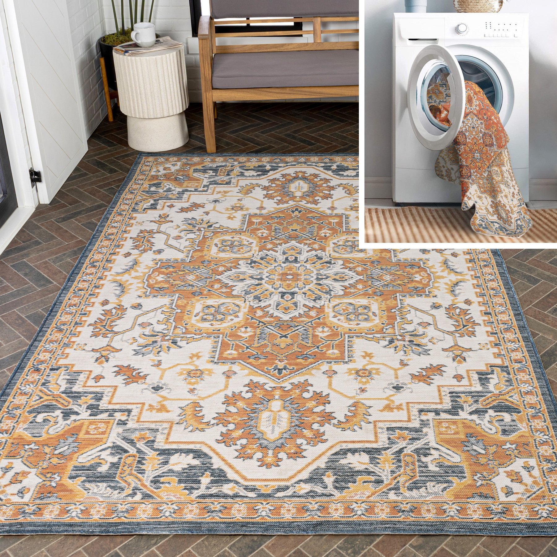 JONATHAN Y Bijan Traditional Vintage Medallion Reversible Machine-Washable Indoor/Outdoor Area Rug, Terra/Blue/Cream, 5' x 8'