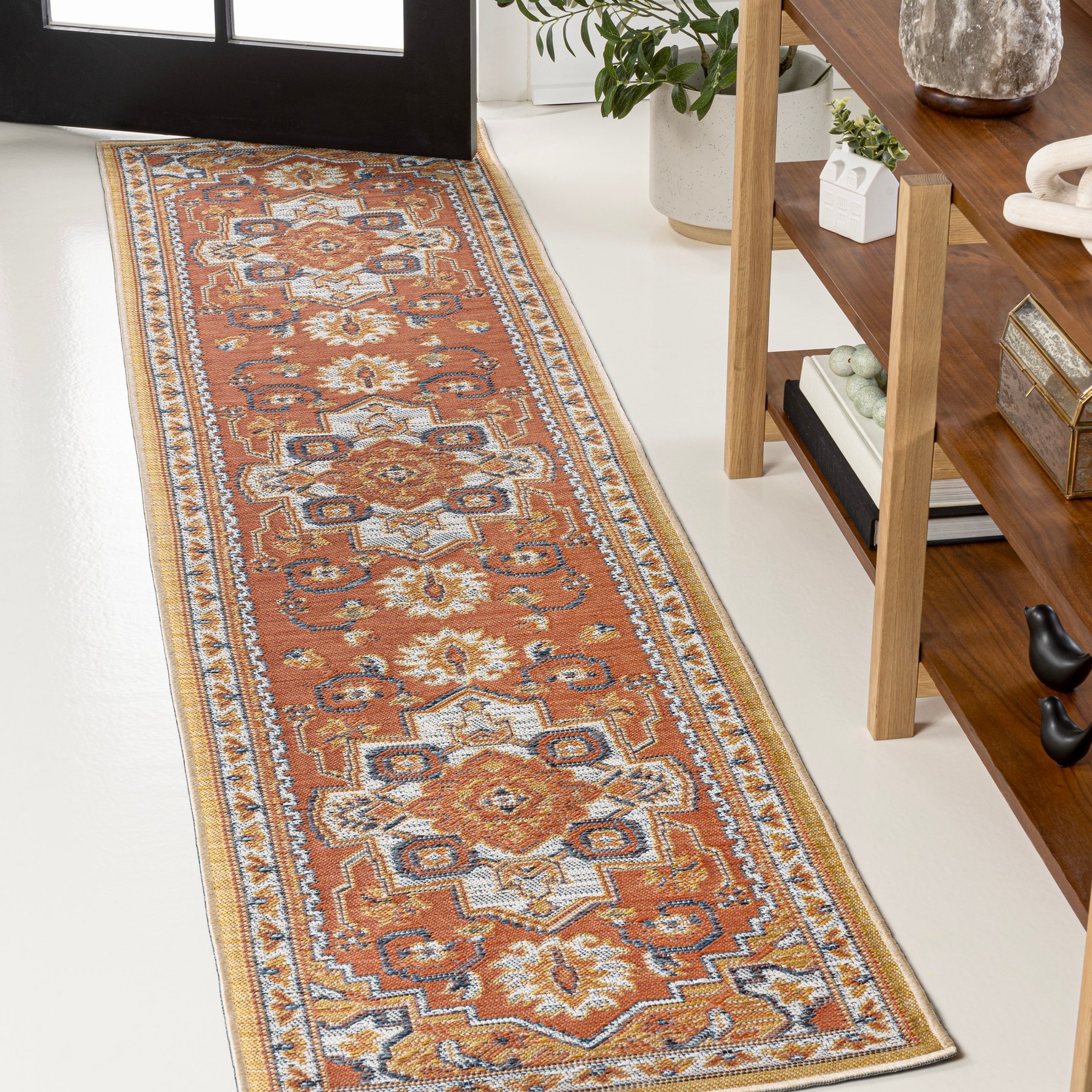 JONATHAN Y Bijan Traditional Vintage Medallion Reversible Machine-Washable Indoor/Outdoor Area Rug, Terra/Blue/Cream, 2' x 8' Runner
