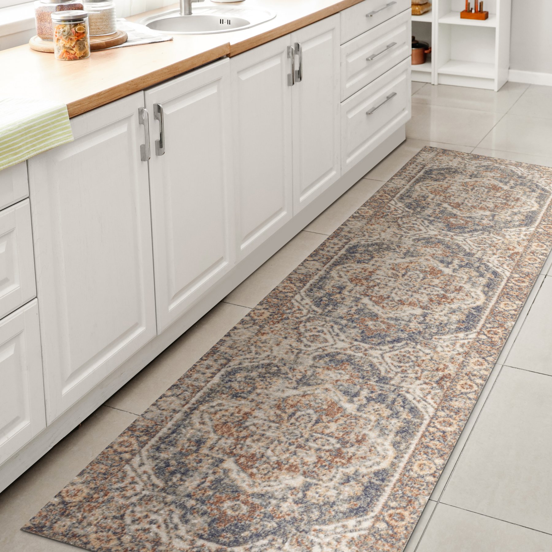 JONATHAN Y Keesha Bold Distressed Medallion Low-Pile Machine-Washable Area Rug, Blue/Cream, 2' x 8' Runner