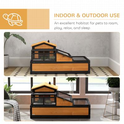 Show full view: PawHut Wooden Indoor/Outdoor 3- Room Tortoise Habitat with Balcony, Yellow slide 8 of 10