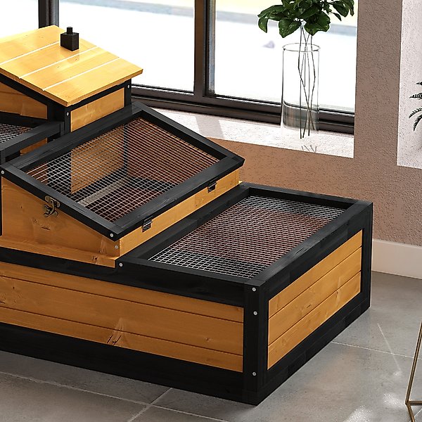 PawHut Wooden Ind0or/Outdoor 3- Room Tortoise Habitat with Balcony