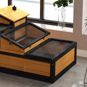 PawHut Wooden Indoor/Outdoor 3- Room Tortoise Habitat with Balcony, Yellow