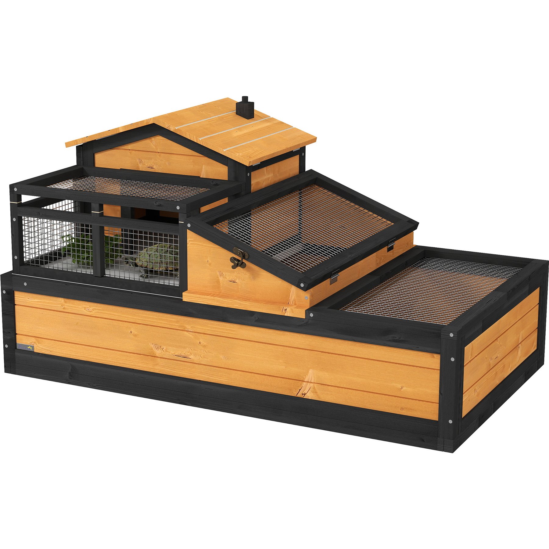 PawHut Wooden Indoor/Outdoor 3- Room Tortoise Habitat with Balcony, Yellow