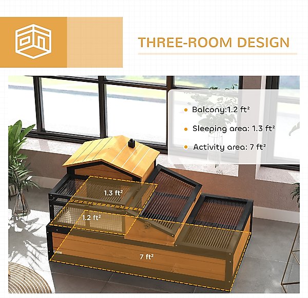PawHut Wooden Ind0or/Outdoor 3- Room Tortoise Habitat with Balcony