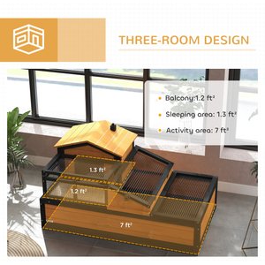 PawHut Wooden Indoor/Outdoor 3- Room Tortoise Habitat with Balcony, Yellow