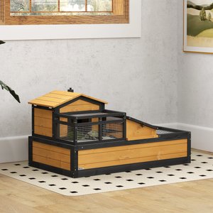 PawHut Wooden Indoor/Outdoor 3- Room Tortoise Habitat with Balcony, Yellow