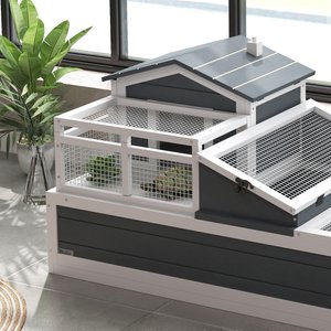 PawHut Wooden Ind0or/Outdoor 3- Room Tortoise Habitat with Balcony, Gray
