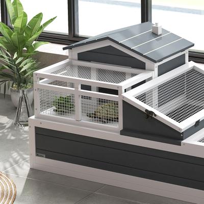 Show full view: PawHut Wooden Indoor/Outdoor 3- Room Tortoise Habitat with Balcony, Gray slide 9 of 10