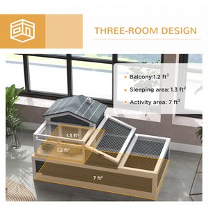 PawHut Wooden Ind0or/Outdoor 3- Room Tortoise Habitat with Balcony, Gray