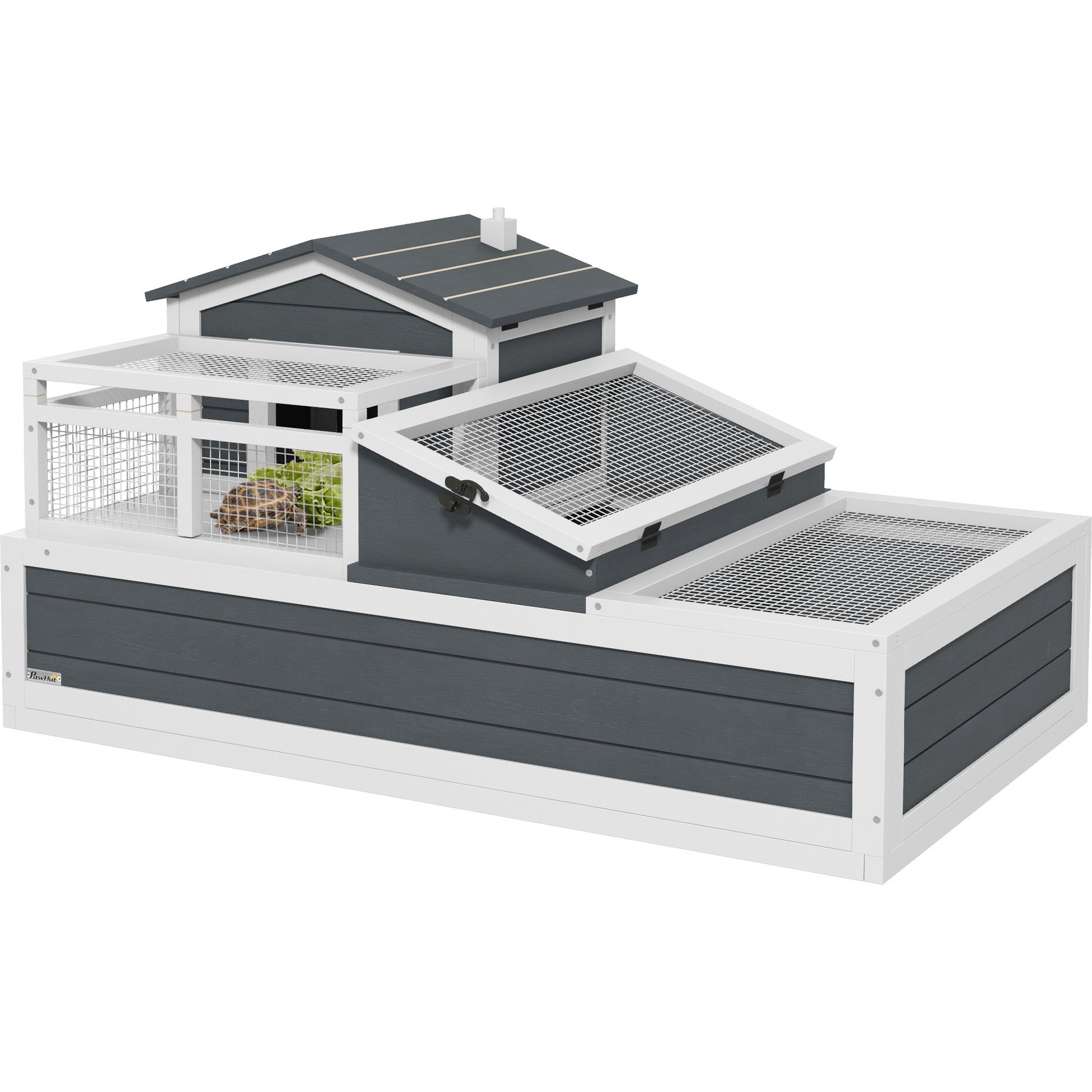 PawHut Wooden Indoor/Outdoor 3- Room Tortoise Habitat with Balcony, Gray