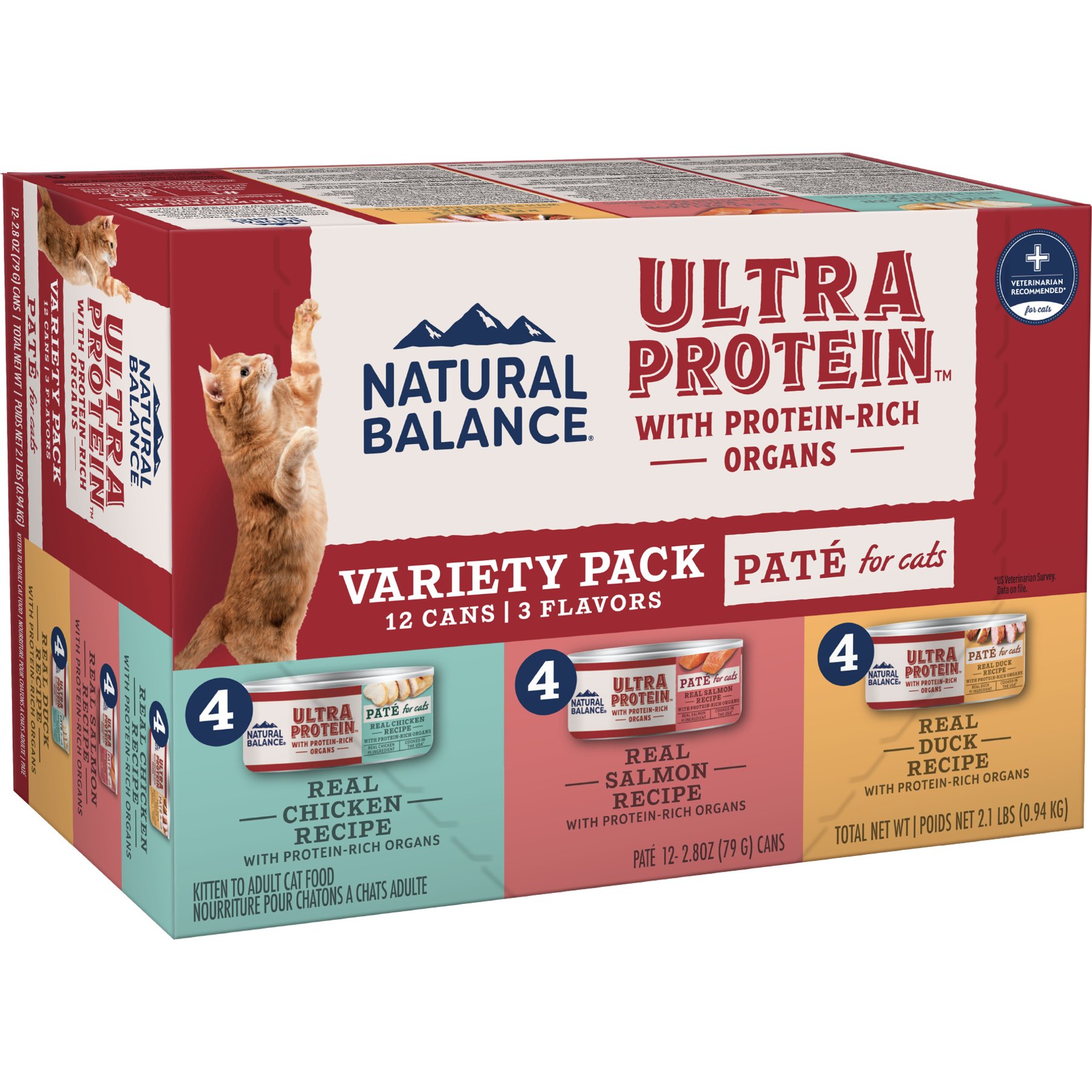 Natural Balance Ultra Protein Pate Variety Pack Chicken, Duck & Salmon Wet Cat Food, 2.8-oz can, case of 12