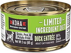 KOHA Limited Ingredient Diet Duck Entrée Grain-Free Paté Wet Cat Food, 3-oz can, case of 24