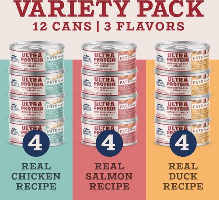 Show full view: Natural Balance Ultra Protein Pate Variety Pack Chicken, Duck & Salmon Wet Cat Food, 2.8-oz can, case of 12 slide 3 of 11