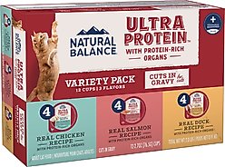 Natural Balance Ultra Protein Chicken, Duck & Salmon Cuts in Gravy Variety Pack Wet Cat Food, 2.7-oz cup, case of 12