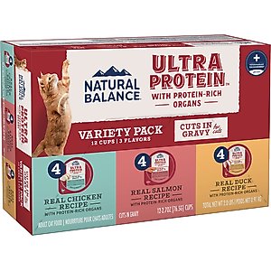 Natural Balance Ultra Protein Chicken, Duck & Salmon Cuts in Gravy Variety Pack Wet Cat Food, 2.7-oz cup, case of 12
