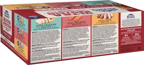 Show full view: Natural Balance Ultra Protein Pate Variety Pack Chicken, Duck & Salmon Wet Cat Food, 2.8-oz can, case of 12 slide 4 of 11