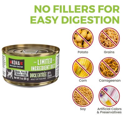 Show full view: KOHA Limited Ingredient Diet Duck Entrée Grain-Free Paté Wet Cat Food, 3-oz can, case of 24 slide 5 of 8