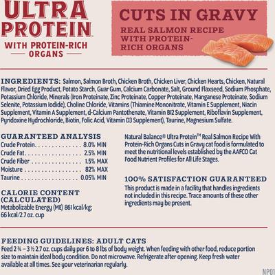 Show full view: Natural Balance Ultra Protein Real Salmon Recipe with Protein-Rich Organs Cuts in Gravy Wet Cat Food, 2.7-oz cup, case of 10 slide 9 of 10