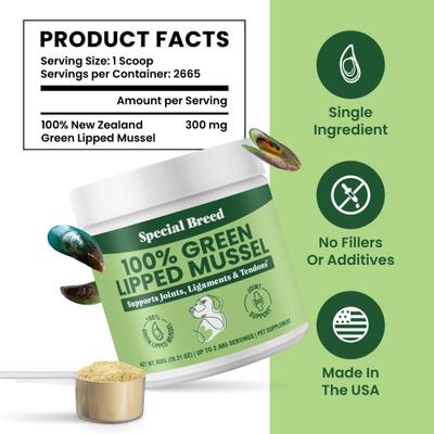 Show full view: Special Breed Green Lipped Mussel Powder Joint Supplement for Dogs & Cats, 28.22-oz slide 6 of 8
