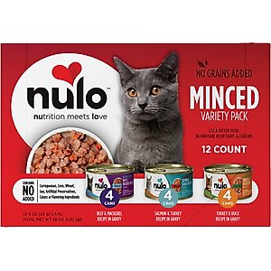 Nulo Freestyle Minced Salmon & Turkey, Minced Beef & Mackerel, Minced Turkey & Duck Grain-Free Variety Pack Canned Cat Food, 3-oz can, case of 12