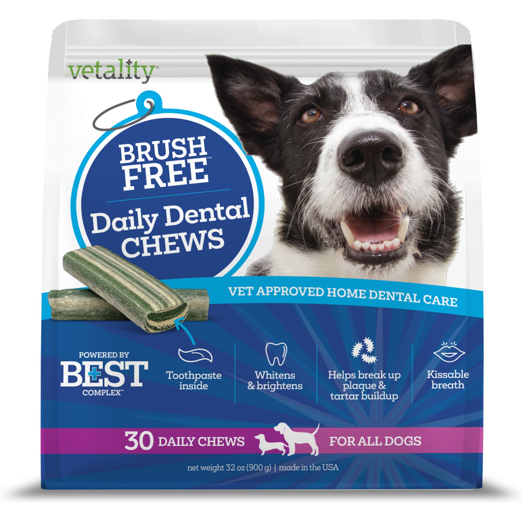 Vetality Brush Free Daily Dental Care Chews for Dogs, 30 count