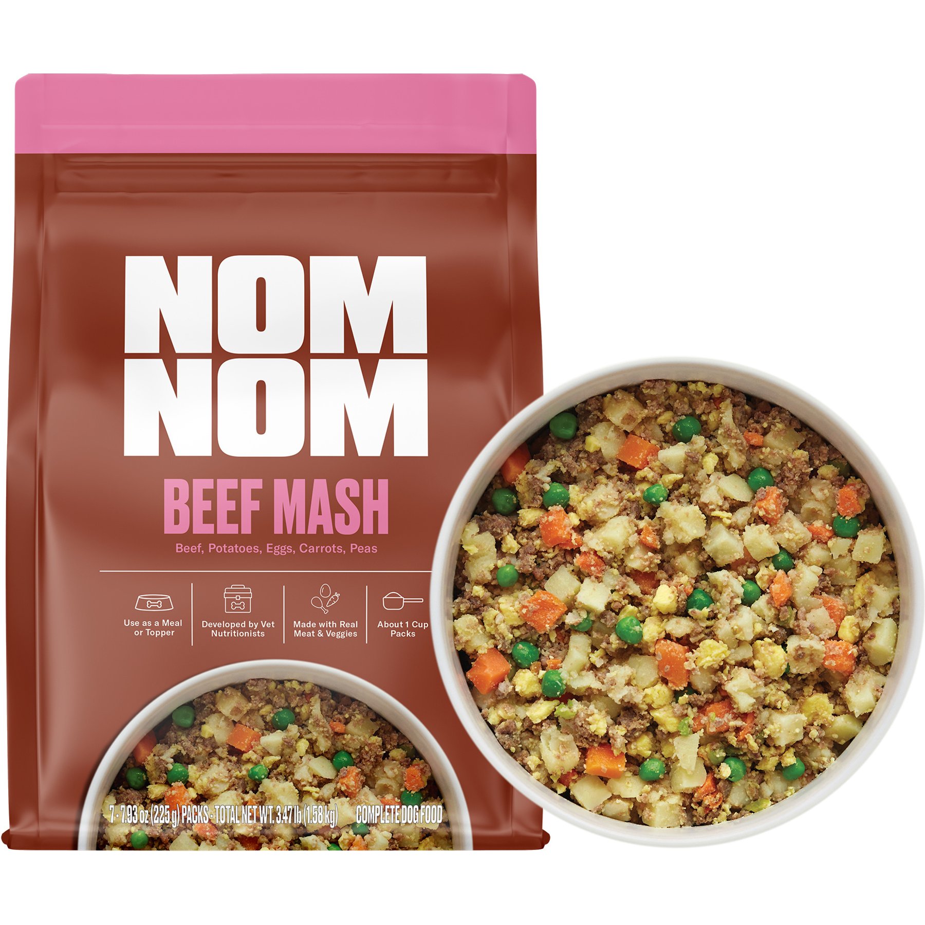 Nom Nom Freshly-Made Frozen Grain-Free Beef Mash Dog Food, 7.9-oz pouch, case of 7