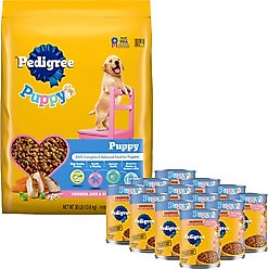 Pedigree Puppy Growth & Protection Chicken & Vegetable Flavor Dry Food + Chopped Ground Dinner with Chicken & Beef Puppy Canned Wet Dog Food