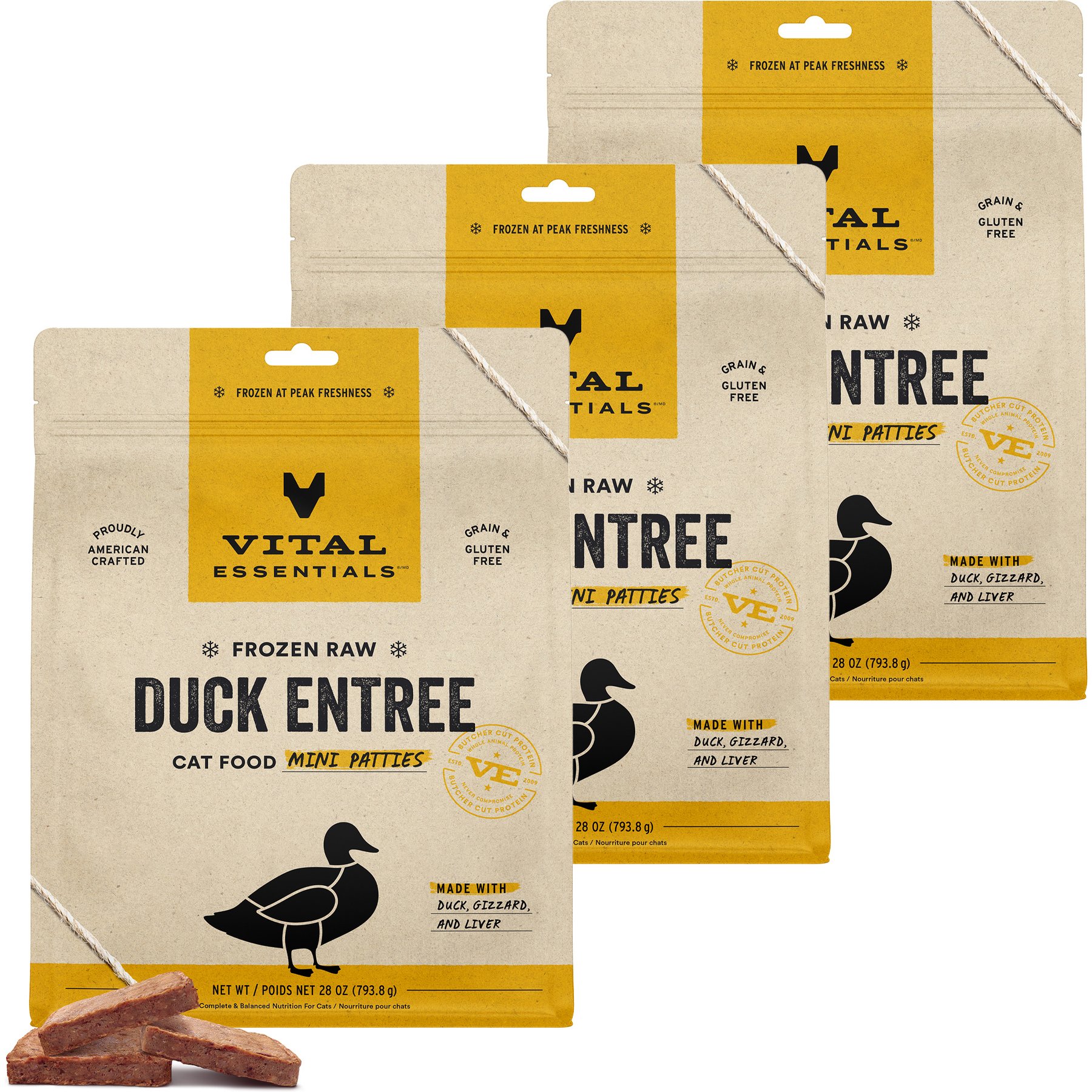 Vital Essentials Frozen Raw Mini Patties Grain-Free Duck Entree Cat Food, 84-oz bundle