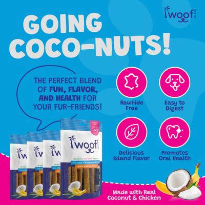 Show full view: Woof Island Adult Coconut & Banana Pork Rolls with Chicken Natural Dog Chew Treats, 4-oz bag, 5 count slide 7 of 9
