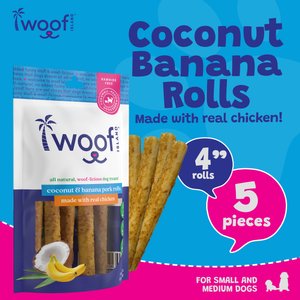 Woof Island Adult Coconut & Banana Pork Rolls with Chicken Natural Dog Chew Treats, 4-oz bag, 5 count