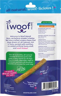Show full view: Woof Island Adult Coconut & Banana Pork Rolls with Chicken Natural Dog Chew Treats, 4-oz bag, 5 count slide 5 of 9