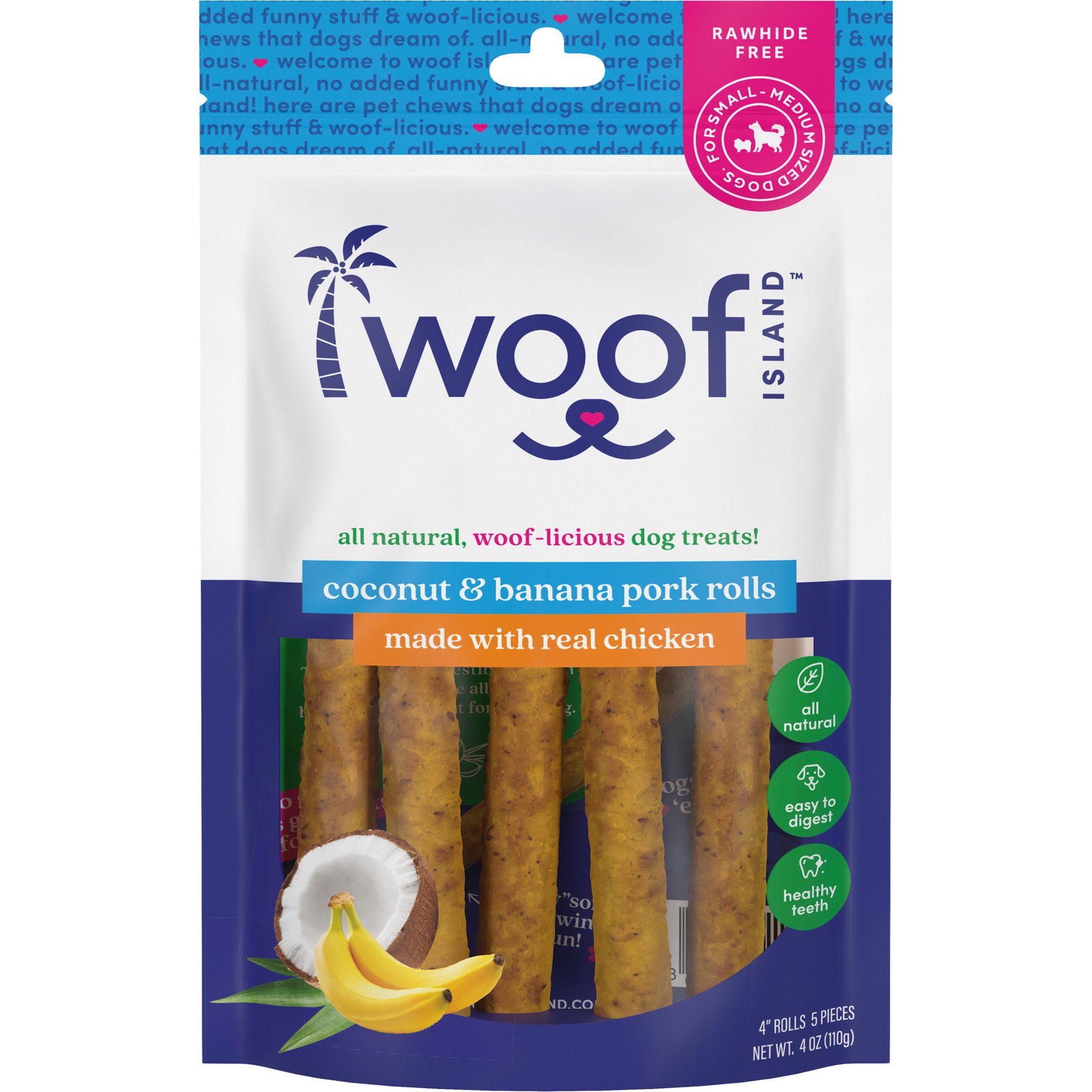 Woof Island Adult Coconut & Banana Pork Rolls with Chicken Natural Dog Chew Treats, 4-oz bag, 5 count
