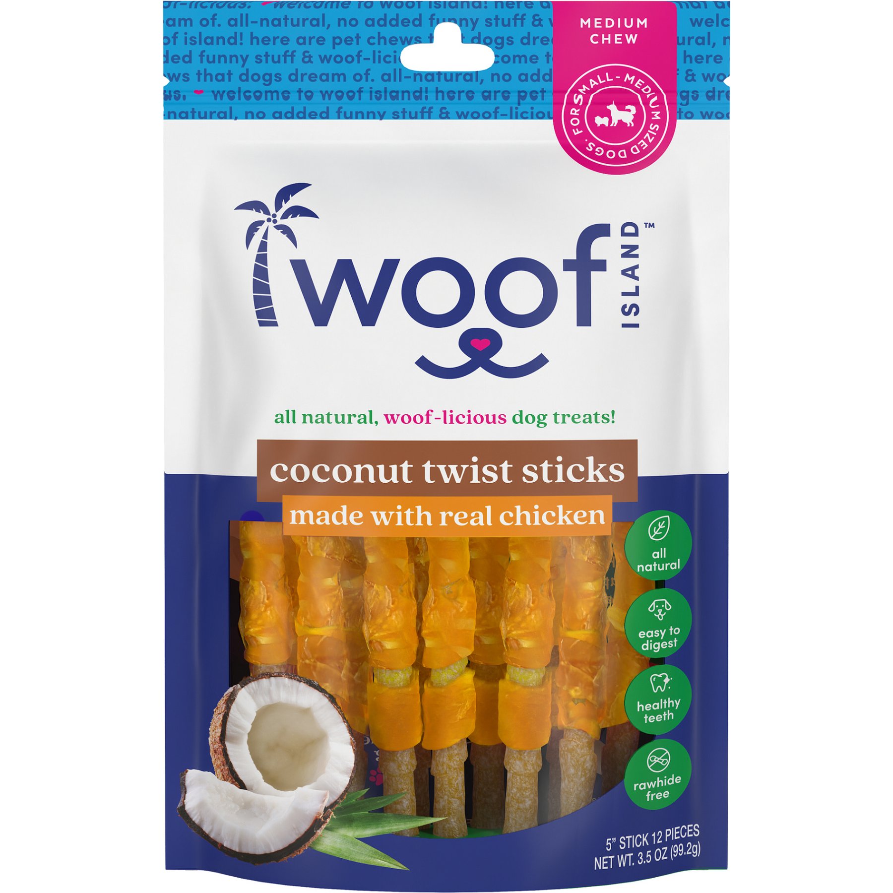 Woof Island Adult Coconut Sticks with Chicken Natural Dog Chew Treats, 3.5-oz bag, 12 count