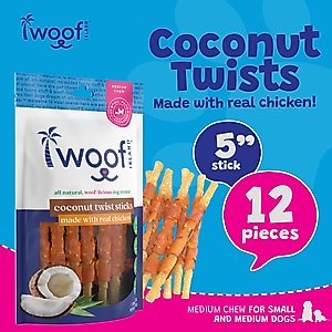 Woof Island Adult Coconut Sticks with Chicken Natural Dog Chew Treats, 3.5-oz bag, 12 count