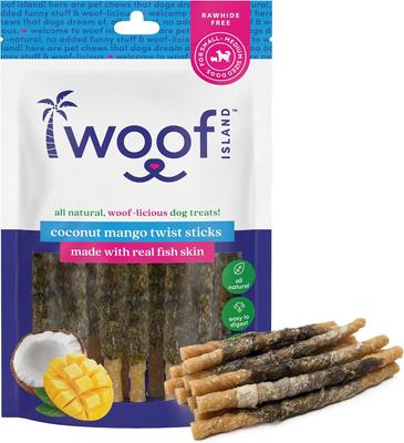 Show full view: Woof Island Adult Coconut Mango Sticks with Fish Natural Dog Chew Treats, 3.6-oz bag, 12 count slide 3 of 10