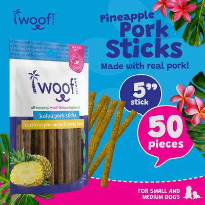 Show full view: Woof Island Adult Kalua Pork Sticks with Pineapple Natural Dog Chew Treats, 13.25-oz bag, 50 count slide 4 of 10
