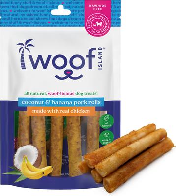 Show full view: Woof Island Adult Coconut & Banana Pork Rolls with Chicken Natural Dog Chew Treats, 4-oz bag, 5 count slide 3 of 9