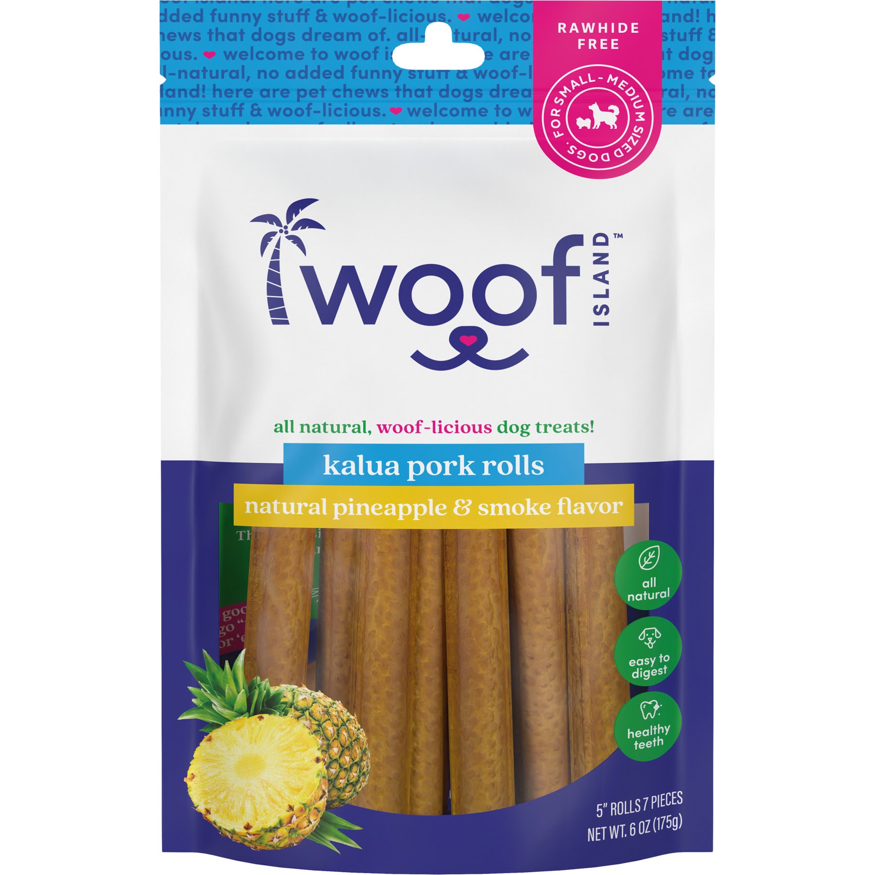 Woof Island Adult Kalua Pork Rolls Natural Dog Chew Treats, 6-oz bag, 7 count