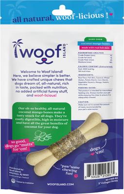 Show full view: Woof Island Adult Coconut Mango Bones with Fish Natural Dog Chew Treats, 4.6-oz bag, 2 count slide 5 of 9