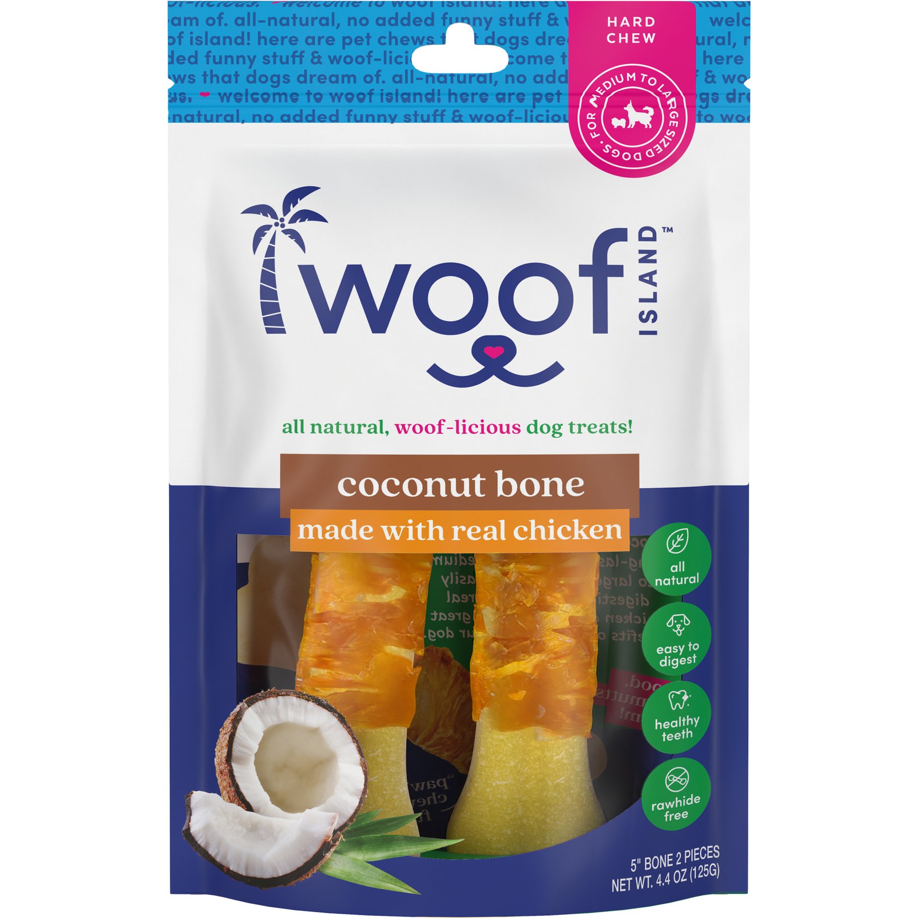 Woof Island Adult Coconut Bones with Chicken Natural Dog Chew Treats, 4.4-oz bag, 2 count