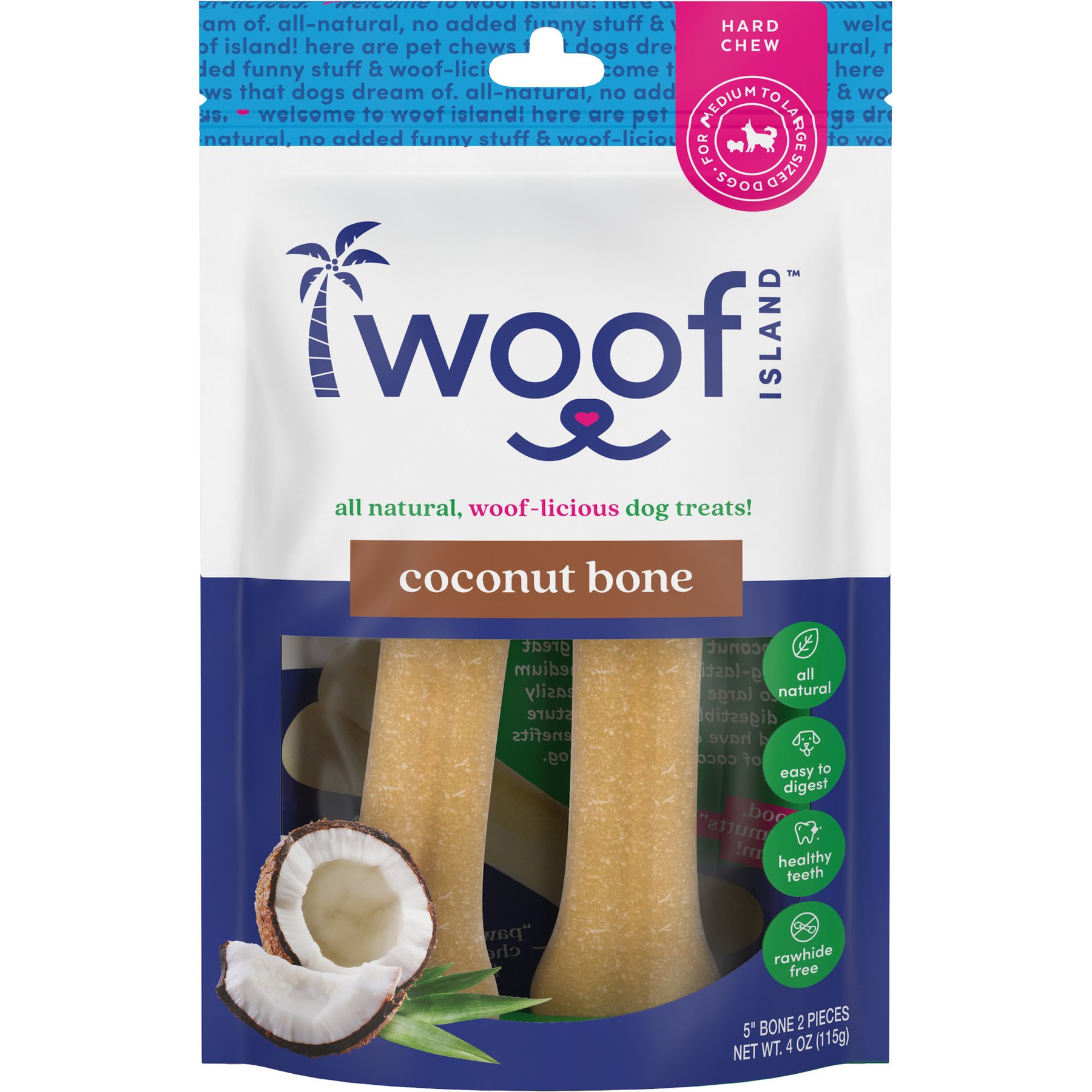 Woof Island Adult Coconut Bones Natural Dog Chew Treats, 4-oz bag, 2 count