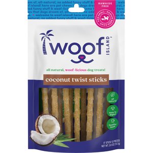 Woof Island Adult Coconut Sticks Natural Dog Chew Treats, 2.6-oz bag, 12 count