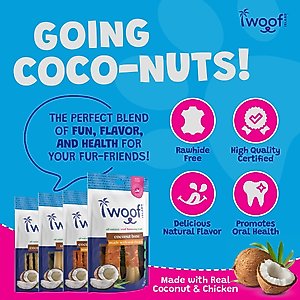 Woof Island Adult Coconut Sticks with Chicken Natural Dog Chew Treats, 3.5-oz bag, 12 count